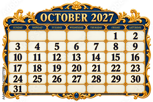 Elegant October 2027 Calendar: A sophisticated, ornate calendar displays the month of October 2027, with gilded decorative elements framing the dates and days of the week.