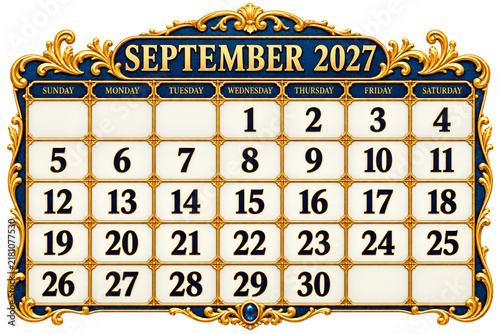 September 2027 Calendar with Ornate Frame: A decorative calendar displays the month of September 2027 with a regal blue and gold ornate frame, perfect for planning and organization.