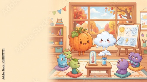 Cute cartoon classroom with pumpkin and cloud characters, autumn weather lesson for monsters, educational preschool background