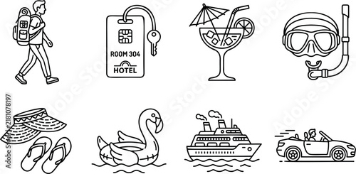 Summer Beach Vacation Travel Tourism and Resort Holiday Line Art Icons Vector Set