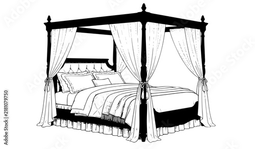 Bild auf Leinwand Vintage style four poster bed with elegant curtains and bedding in a detailed bl