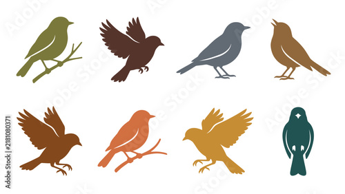 Colorful Bird Silhouette Collection with Perched, Flying and Landing Nature Poses