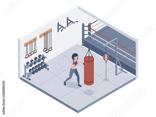 Isometric Gym Boxing Area with Figure Hitting Punching Bag – Combat Training Scene
