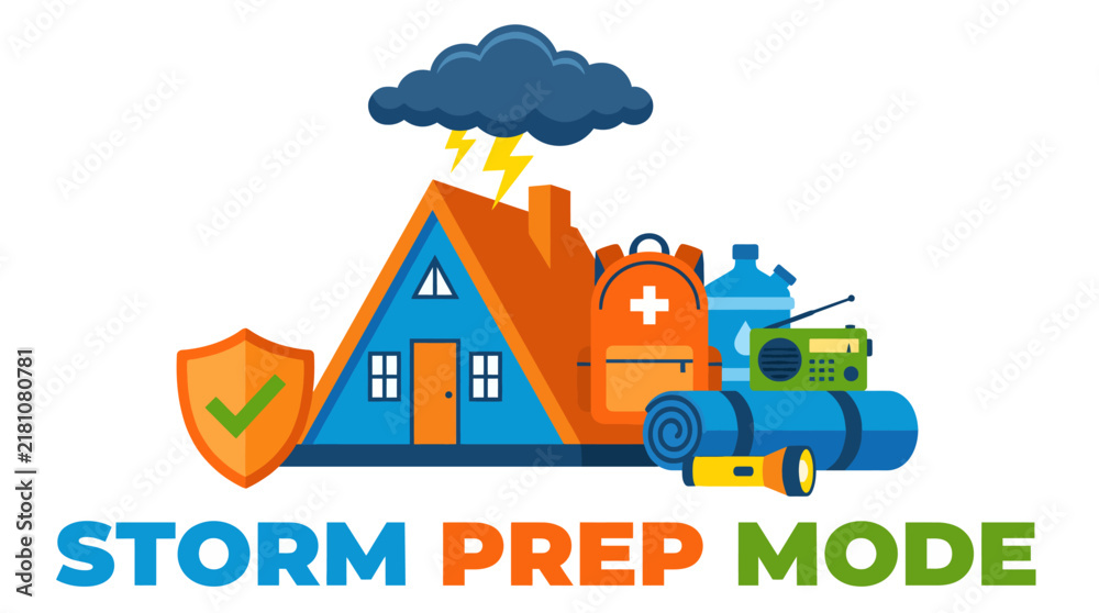 Naklejka premium A comprehensive storm preparation graphic featuring a house, emergency kit, and safety equipment, emphasizing the importance of being prepared and proactive during emergencies.
