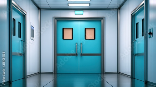 Modern hospital corridor featuring turquoise doors and minimalist design with bright lighting and sterile environment for healthcare settings