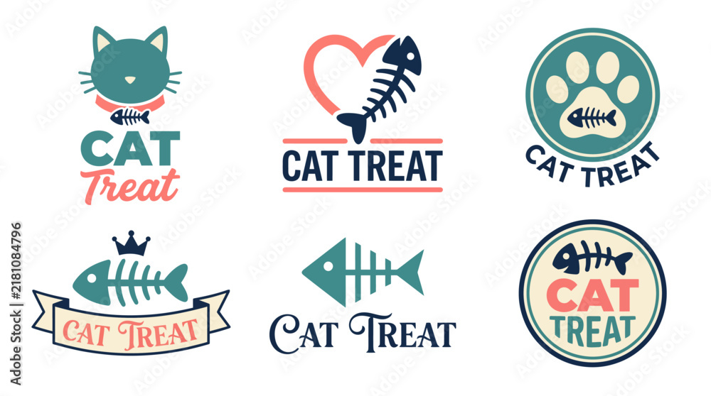 Fototapeta premium A playful collection of logos featuring cat treats, showcasing adorable designs that encapsulate love for pets, creativity, and the joy of spoiling furry companions.