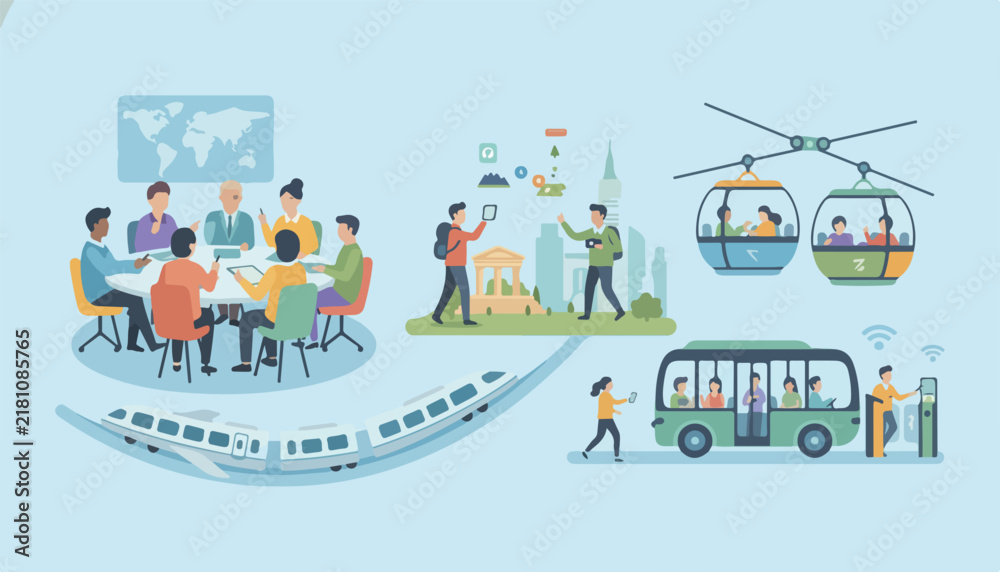 Naklejka premium Global teamwork and urban transportation illustration