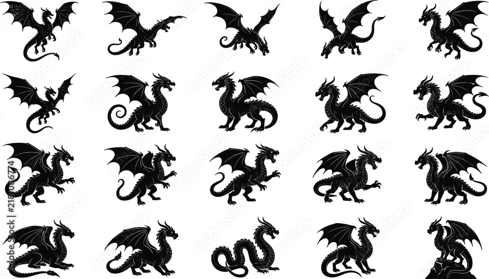 Fototapeta premium Large collection of various mythical dragon black vector silhouettes representing different medieval fantasy creature characters icons