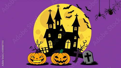 Haunted house with pumpkins and bats in front of a big full moon for halloween