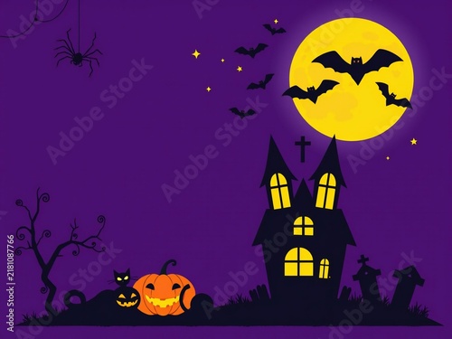Pixel art halloween background with haunted house pumpkins moon and bats