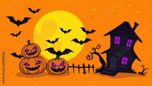 Spooky halloween scene with carved pumpkins bats and a haunted house under a full moon