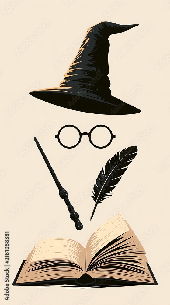 Fototapeta premium Vintage ink sketch of wizard hat, round glasses, carved wand, feather quill, and open book on beige background for magic academy book cover designs