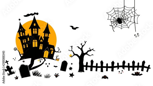 Spooky haunted house with full moon spider web and graveyard for halloween celebration