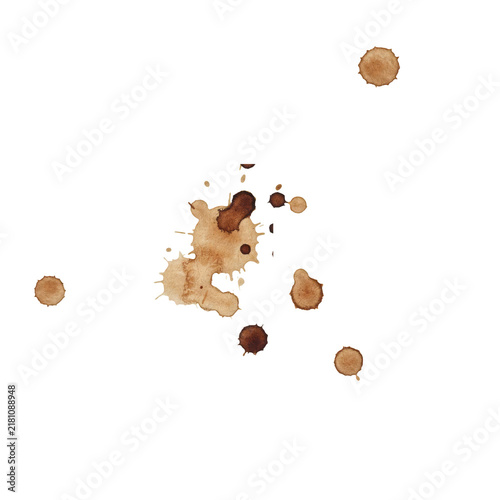 Scattered brown coffee stains and circular liquid splatter marks on a surface isolated on a transparent background