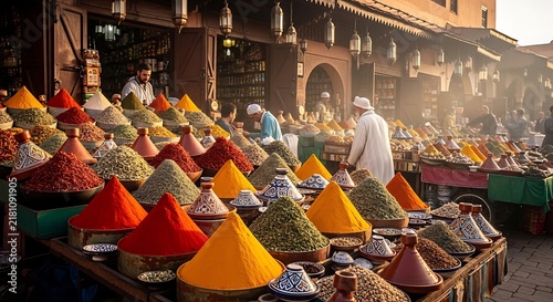 Spice market stalls in moroccan city center with colorful culinary condiments