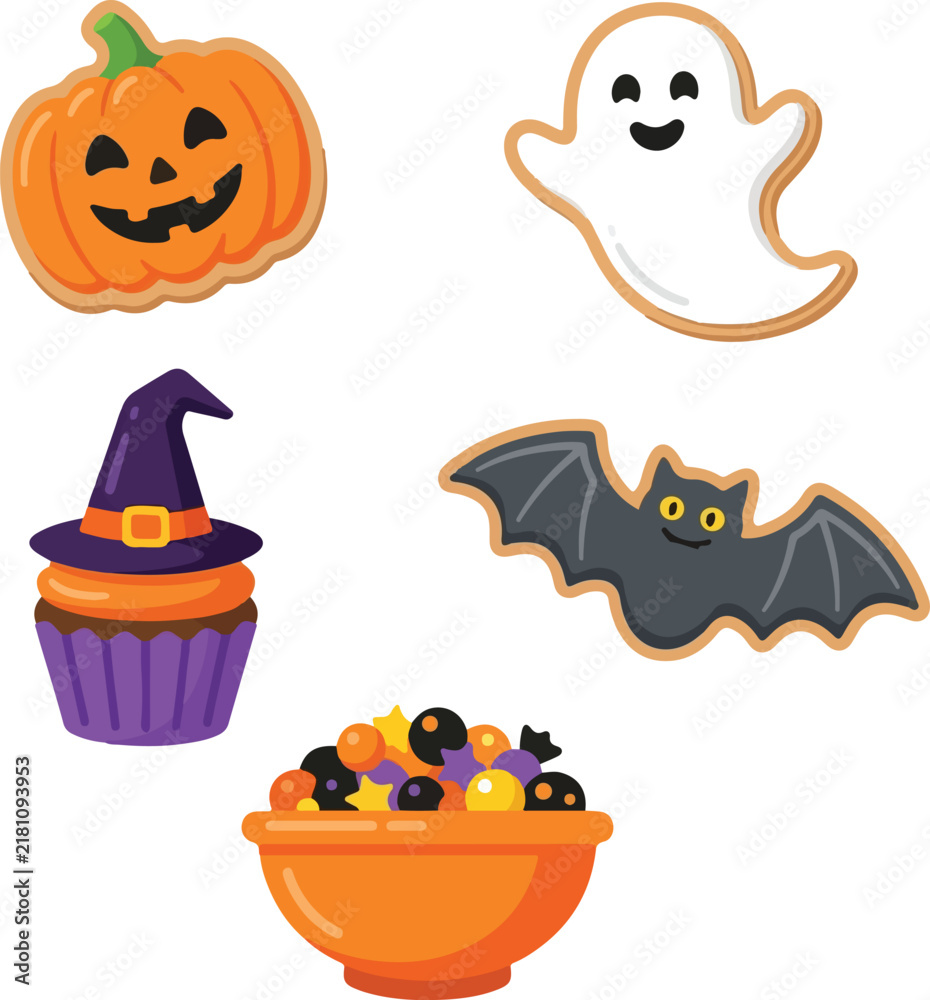 Fototapeta premium Cute cartoon Halloween treat cookies collection flat vector illustration. Pumpkin, ghost, bat, witch cupcake and candy bowl icons. Sweet holiday cookies design elements for festive seasonal
