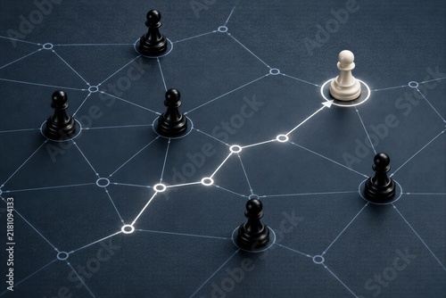 Chess pawns on a connected network path with one white pawn moving toward success and strategic decision making
