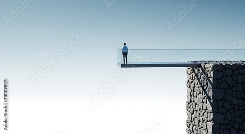 Person standing on narrow glass bridge overlooking vast open sky