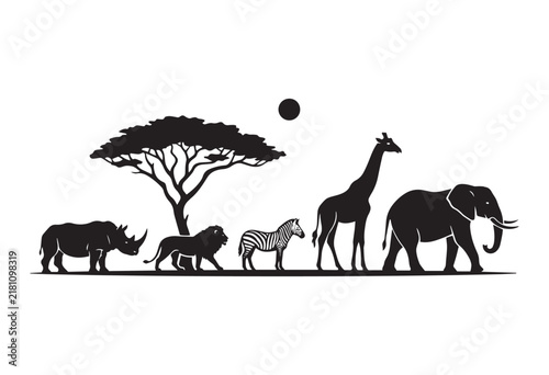 African safari wildlife silhouette. Wild animals silhouettes.