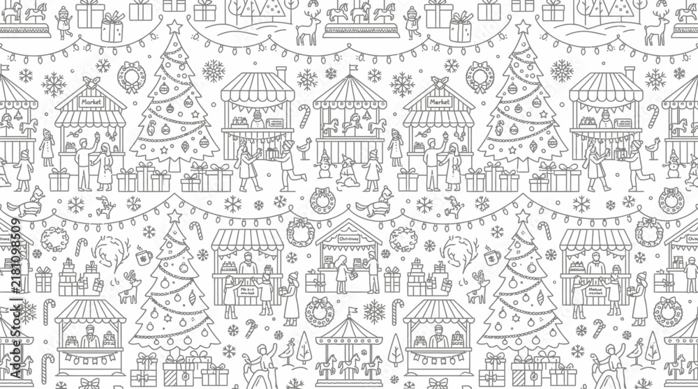 Fototapeta premium Christmas Market Pattern Seamless Line Art