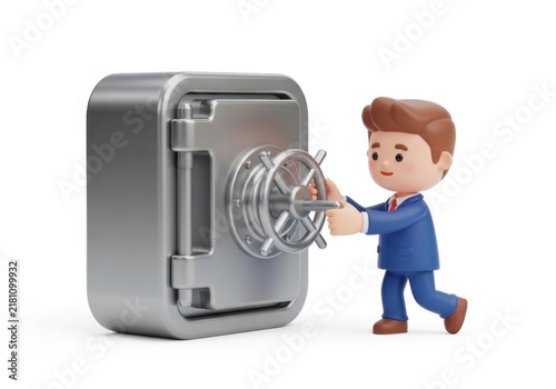 Businessman character opening a large metal safe vault
