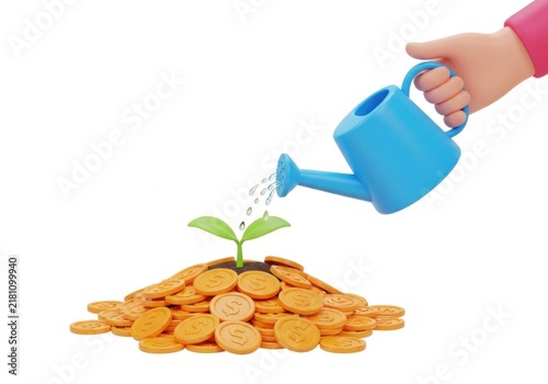 Hand watering a plant sprout on a pile of coins