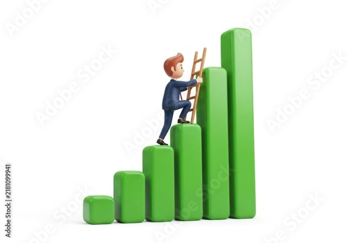 Businessman climbing a rising green bar graph with a ladder
