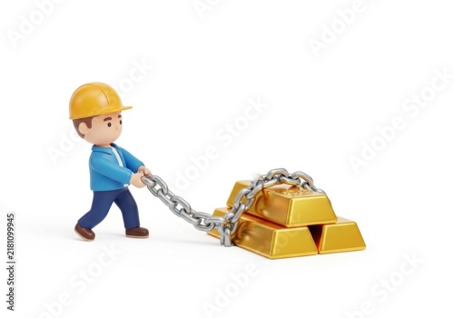 Worker character pulling a stack of gold bars with a chain
