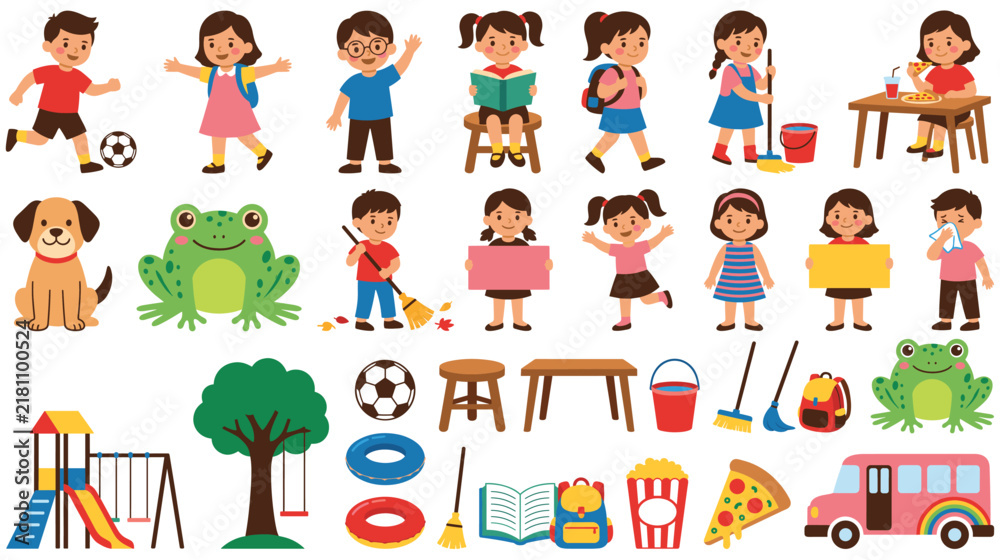 Fototapeta premium Kids school characters and classroom objects vector collection on white background.