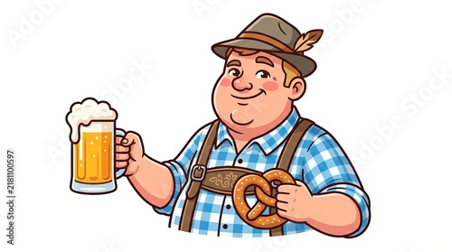 Cute cartoon Bavarian man in traditional lederhosen holding beer mug and pretzel isolated on white background