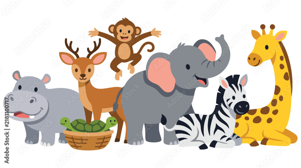 Obraz premium Cute cartoon zoo animals group featuring colorful wild creatures for children.