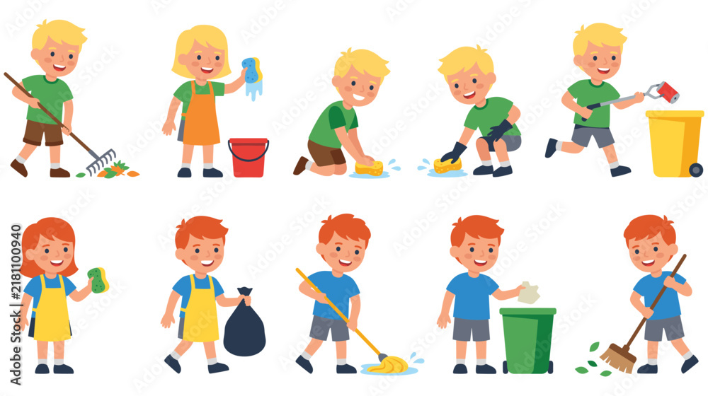 Fototapeta premium Little boy and girl cleaning up trash with various tools and actions.