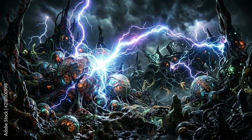 Dark Extraterrestrial Landscape With Glowing Organic Spheres And Powerful Purple Lightning Strikes