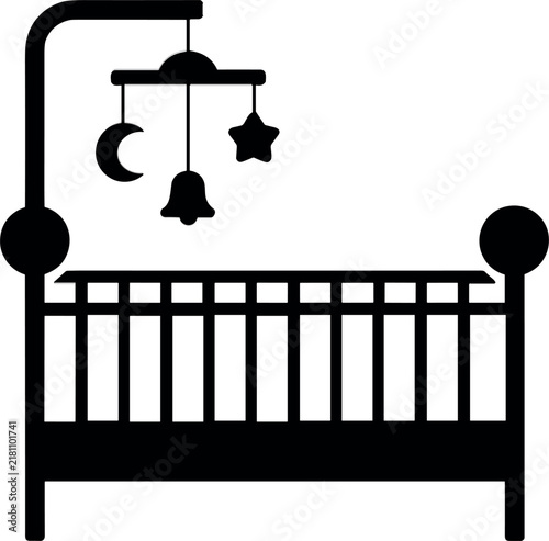 Baby Crib Icon, Black Nursery Bed with Hanging Mobile Moon Star and Bell Decorative Vector Illustration Design