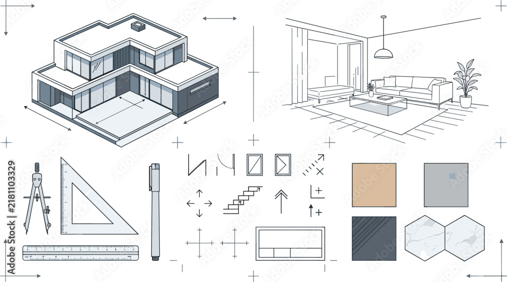 Fototapeta premium Architectural Project Design Tool Set with Isometric House Model Living Room Sketch Draft Symbols and Material Swatches