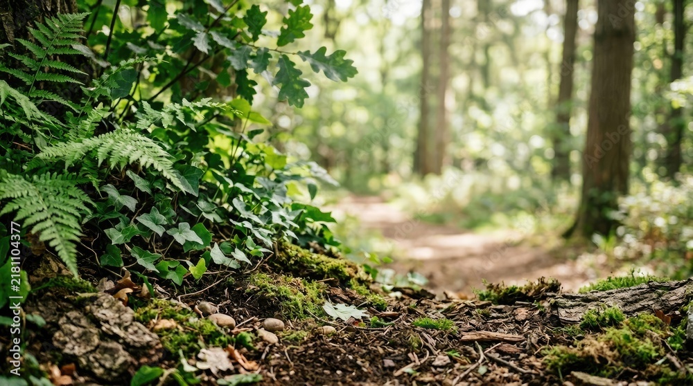 Fototapeta premium Sunlight filters through a dense forest, illuminating a mossy forest floor covered in ferns and fallen leaves. A narrow dirt path winds into the distance, disappearing among the tall trees.