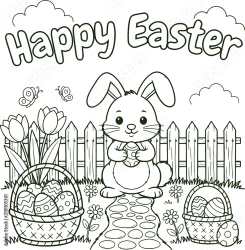 Cute Easter Bunny Waving Hand with Baskets and Colored Eggs Coloring Page for Kids