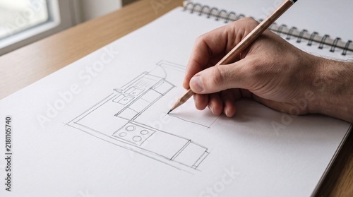 Architect Drafting a Detailed Residential Kitchen Layout Design on White Paper Sketchpad with Wooden Pencil
