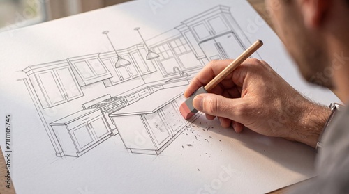 Skilled designer sketching a detailed interior kitchen renovation plan on paper with pencil
