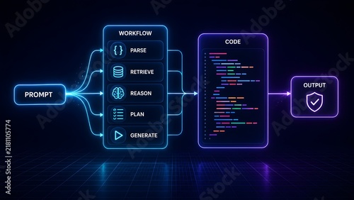 Naklejka Software development automated workflow displaying sequential programming logic from prompt parsing and retrieval to secure code generation output
