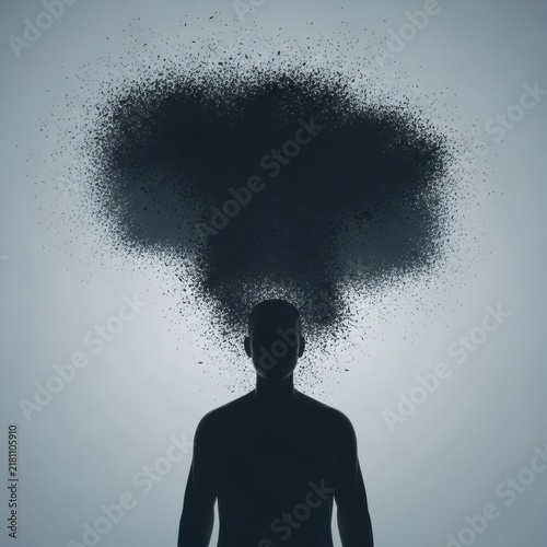 Minimalist 3D render showing the dark silhouette of a man with a large plume of black particles dispersing from the top of his head against a light grey background.