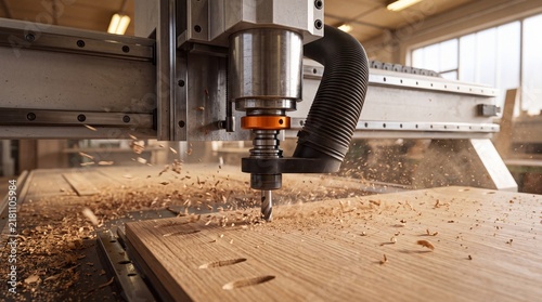 Industrial automated CNC machine routing a wooden panel with flying sawdust in a professional workshop