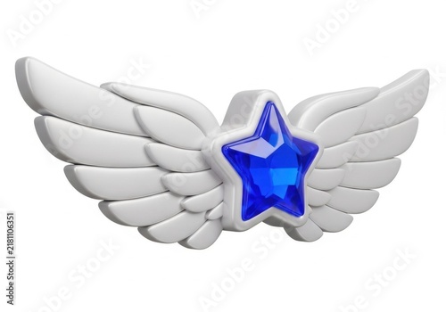 Blue gemstone star with white wings 3d icon