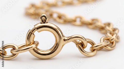 Close-up macro photography of a delicate yellow gold necklace chain featuring a circular spring ring clasp mechanism isolated on white background