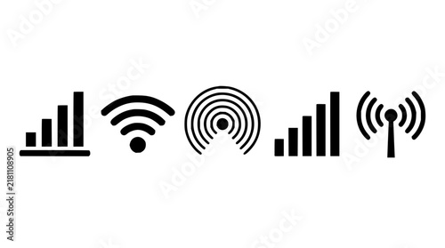Wireless signal icons set with WiFi bars and connection symbols featuring modern minimalist design with abstract shapes and gradient colors and tech-themed elements