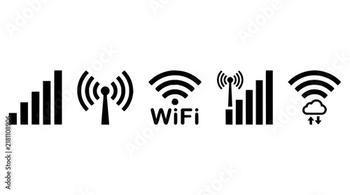 Wireless signal icons set with WiFi bars in flat design featuring connectivity, network, and signal strength with modern and minimalist style