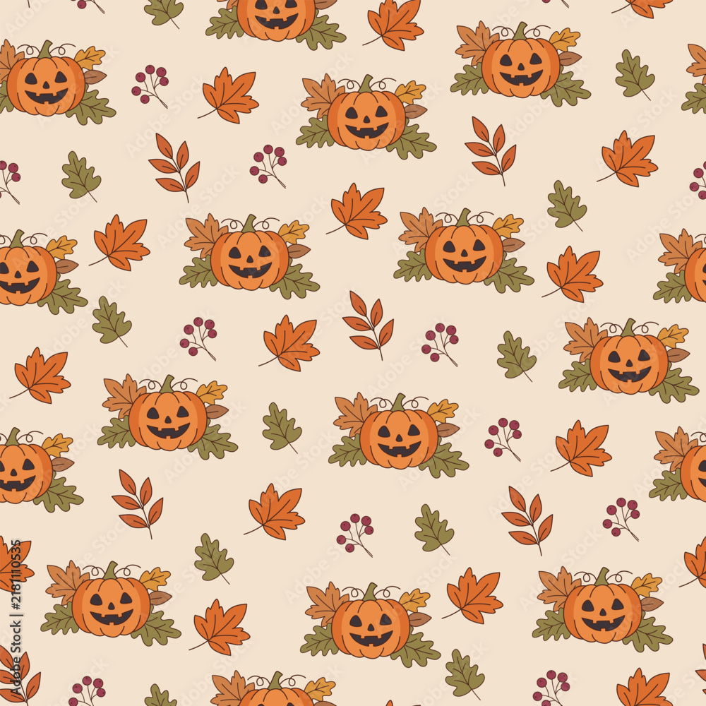 Obraz premium Halloween Pumpkin and Autumn Leaves Seamless Pattern with Fall Foliage and Berries, Festive Seasonal Background for Halloween Crafts, Fabric and Gift Wrapping