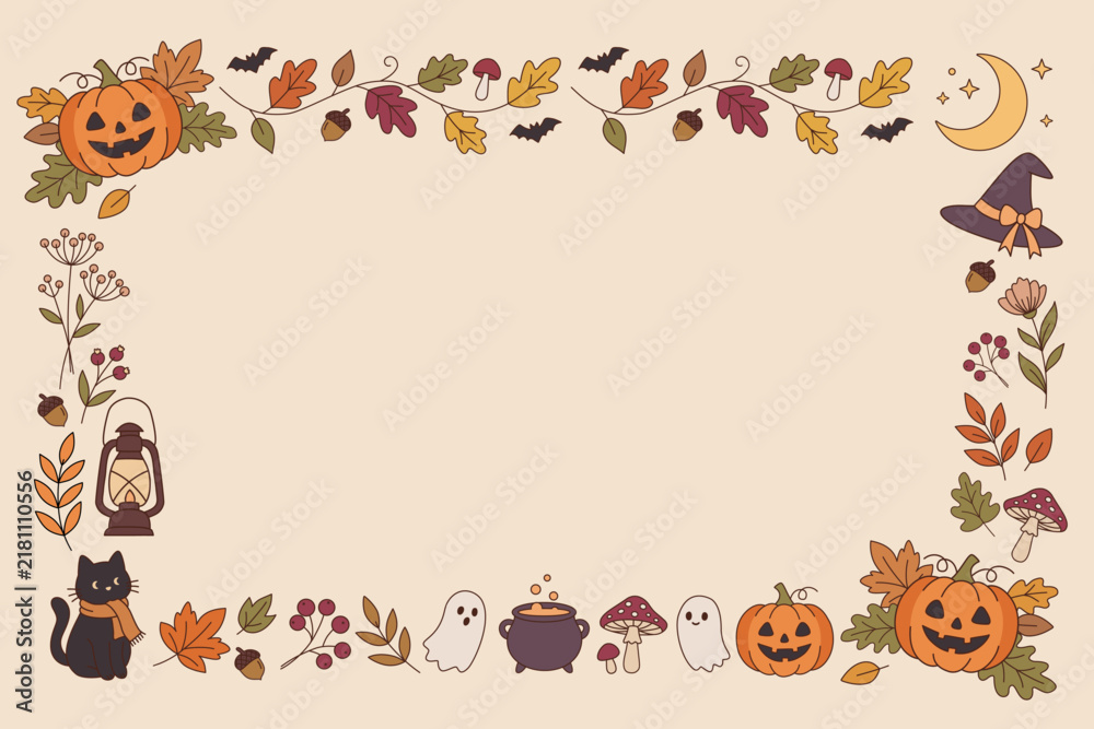 Fototapeta premium Halloween Floral Frame with Pumpkins, Leaves, Bats and Witch Hat, Autumn Botanical Border for Seasonal Greeting Cards, Invitations and Festive Decorations