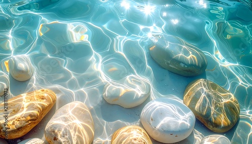 Sunlight reflecting on clear turquoise water over smooth river stones and white sand