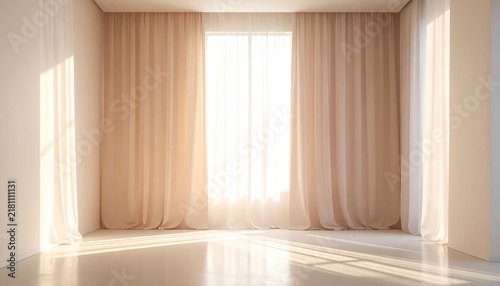 Empty room with beige curtains and bright natural sunlight streaming through a window